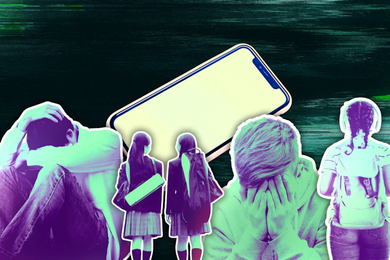 A composite image of teenagers and a mobile phone.