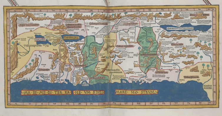 How the primary Bible to incorporate a map helped unfold the theory of nations with borders 2 Map of Holy Land from Ptolemy's Cosmographia.