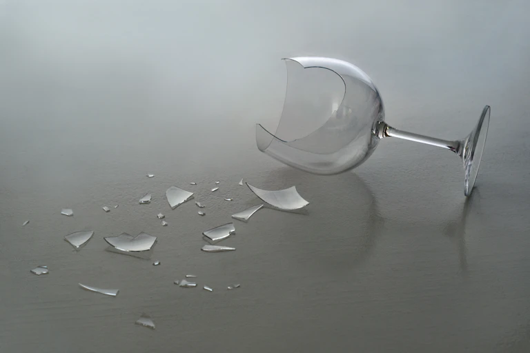 Broken wine glass on the floor.