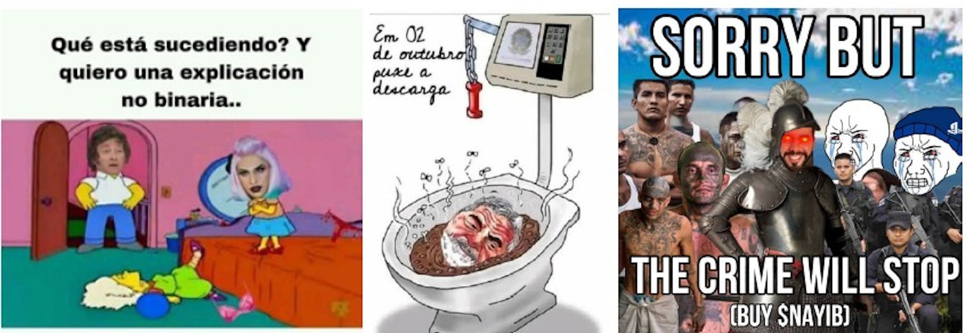 Montage of Telegram memes in which Milei is depicted in a mock non-binary joke, Lula portrayed as excrement and Bukele shown as a medieval warrior.