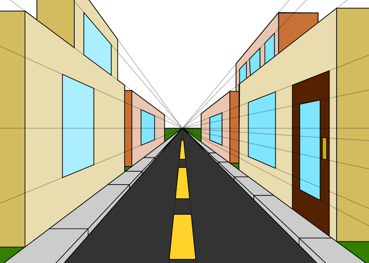Artwork demonstrating 1-point perspective drawing. Parallel lines diverge from the perspective of the viewer, from a radiant point on the horizon.