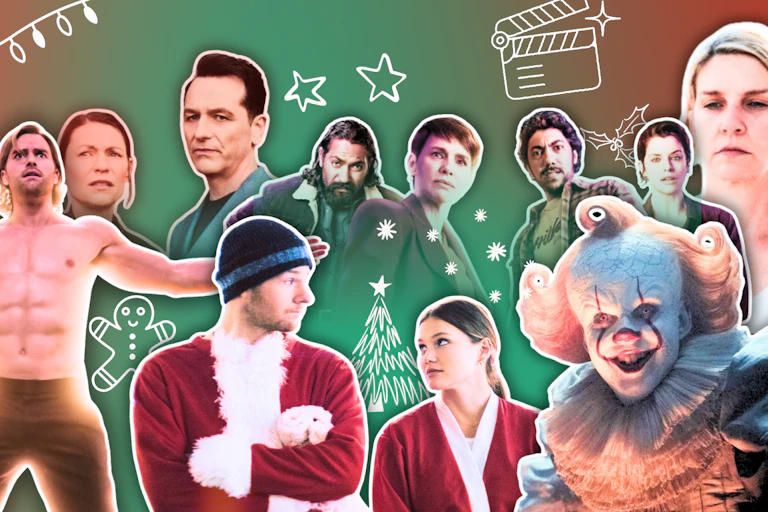A festive collage of characters from different TV shows and movies, laid out on a red-green background with holiday-themed doodles such as stars, lights, and a Christmas tree.