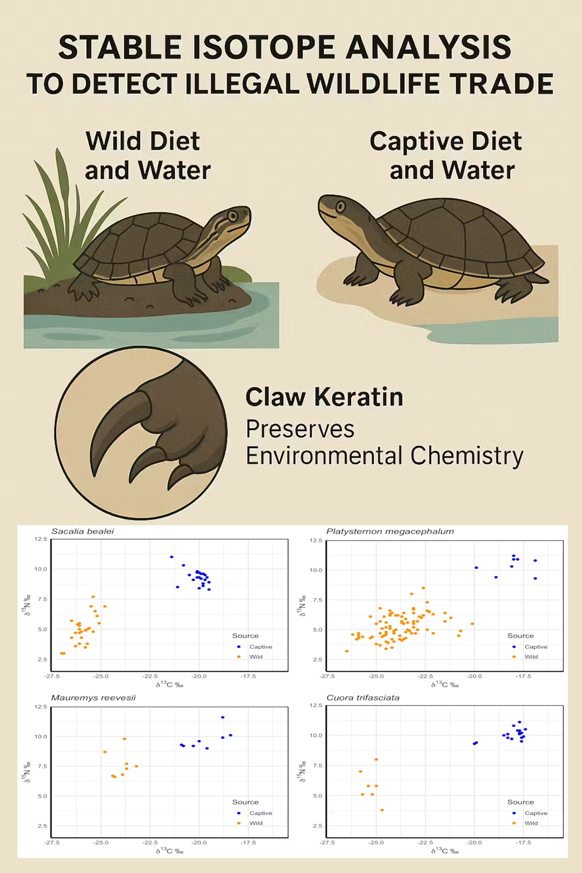A graph that shows the difference in turtle chemical signatures between wild and captive turtles.