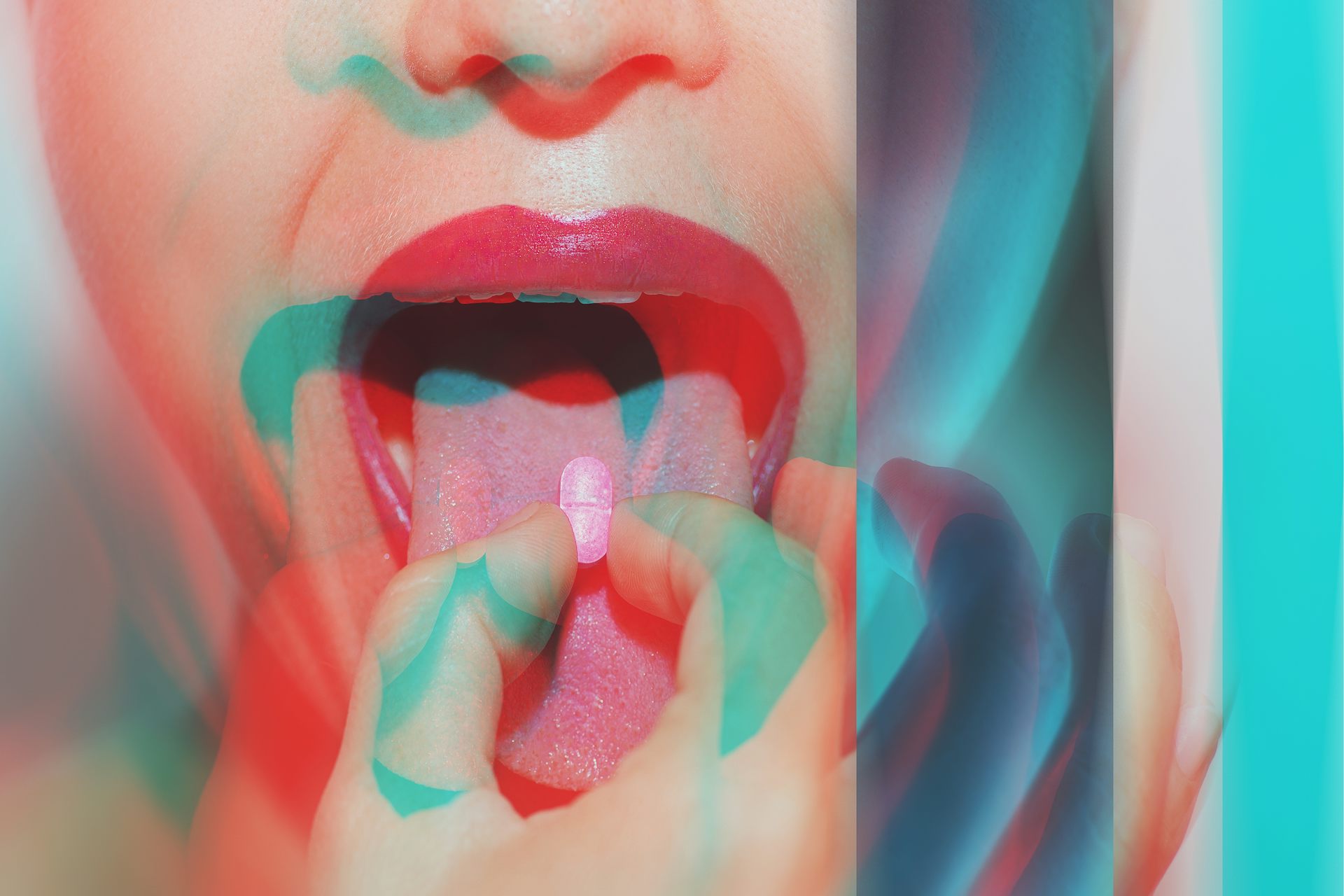 A trippy looking picture of a woman putting a pill on her tongue.