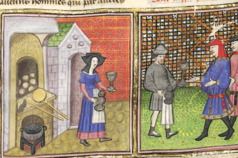Illustration du Décaméron, de Boccace - Sixième journée; une femme travaille chez le boulanger Cisti, qui offre son vin à Geri Spina.