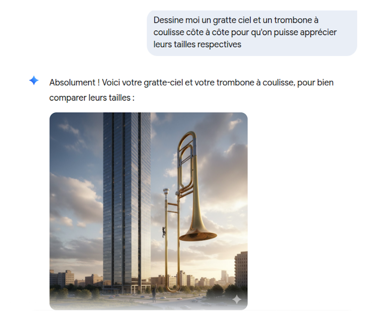 Sur l’image générée par IA on voit que le gratte ciel et le trombone à coulisse ont presque la même taille