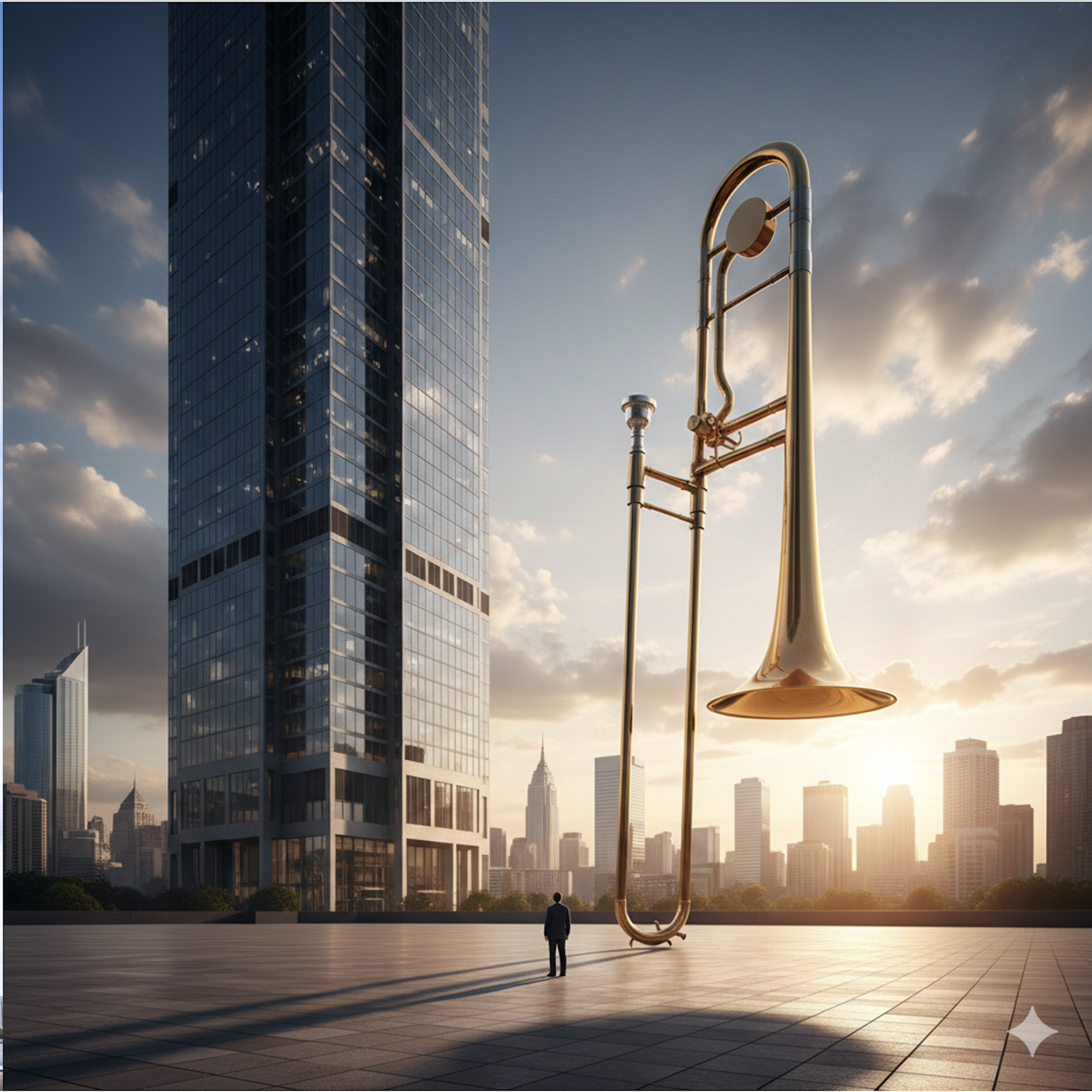 Sur les images générées par IA on voit que le gratte ciel et le trombone à coulisse ont presque la même taille.