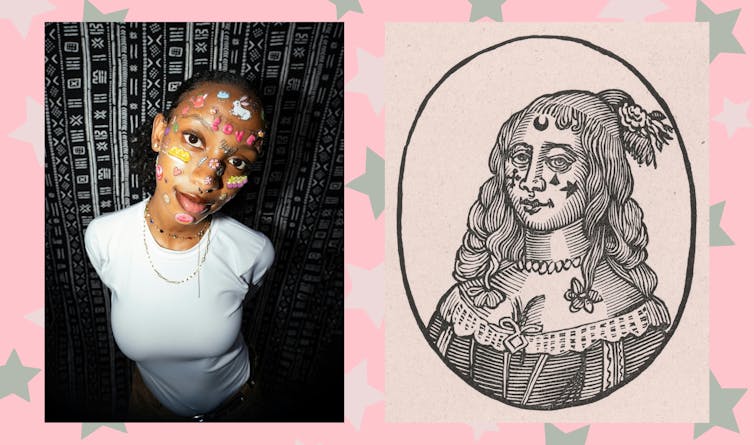 Two images, one of a modern young woman with stickers on her face, one an illustration of a 16th centruy women with patches on her face