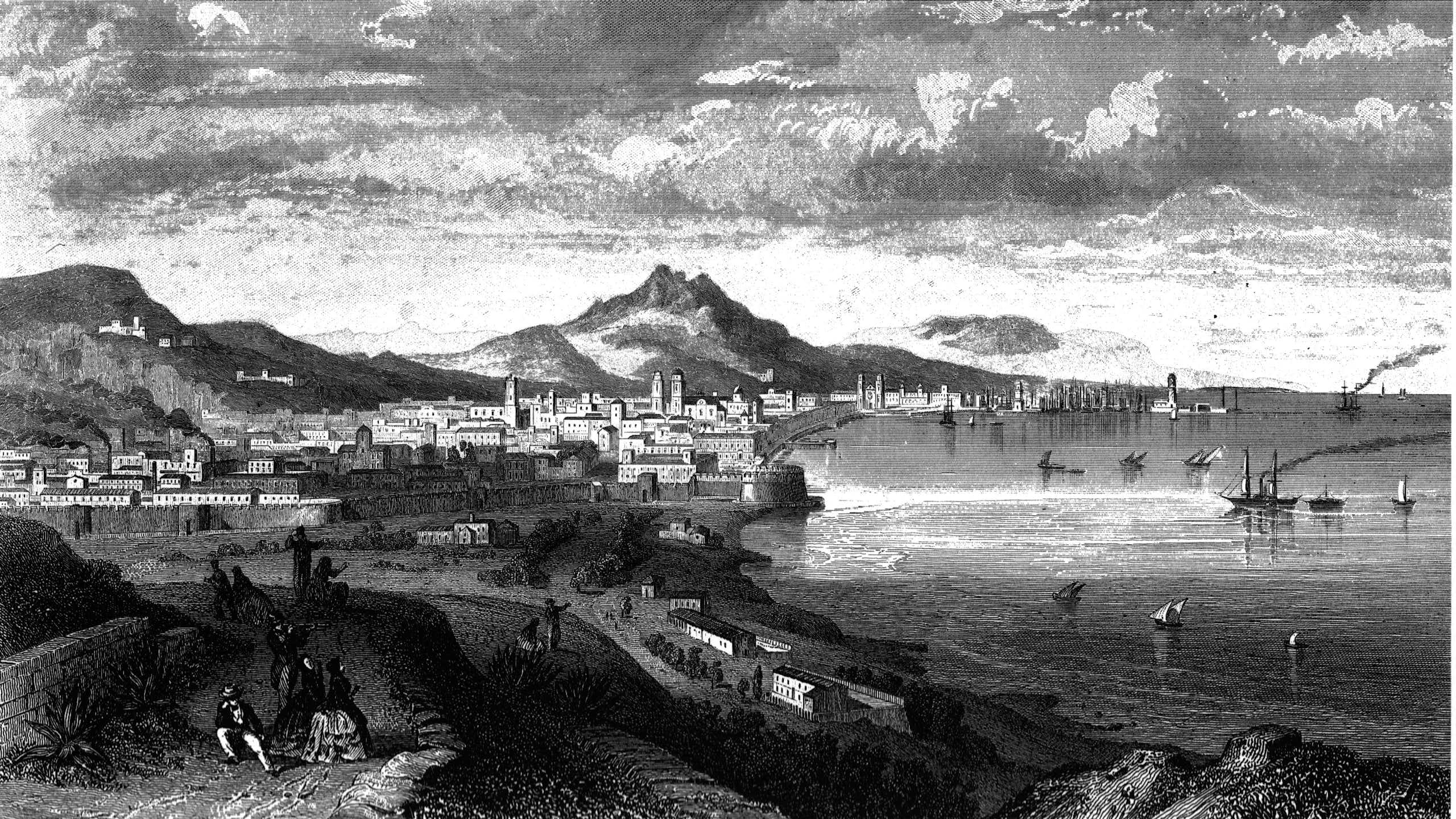 Panorámica de Barcelona del siglo XIX dibujada por Adolphe Rouargue y Émile Rouargue. Grabado de Eduard Willmann.