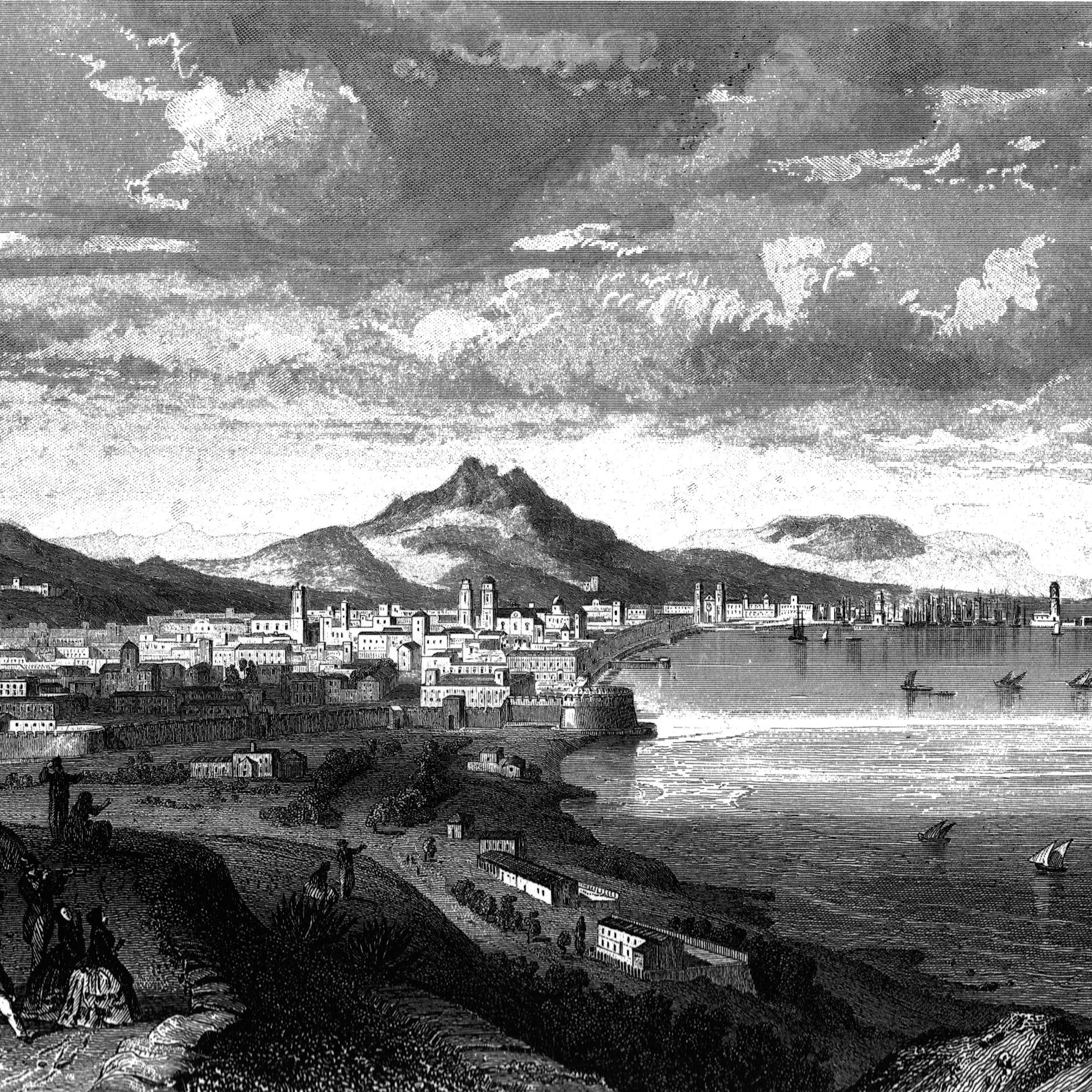 Panorámica de Barcelona del siglo XIX dibujada por Adolphe Rouargue y Émile Rouargue. Grabado de Eduard Willmann.