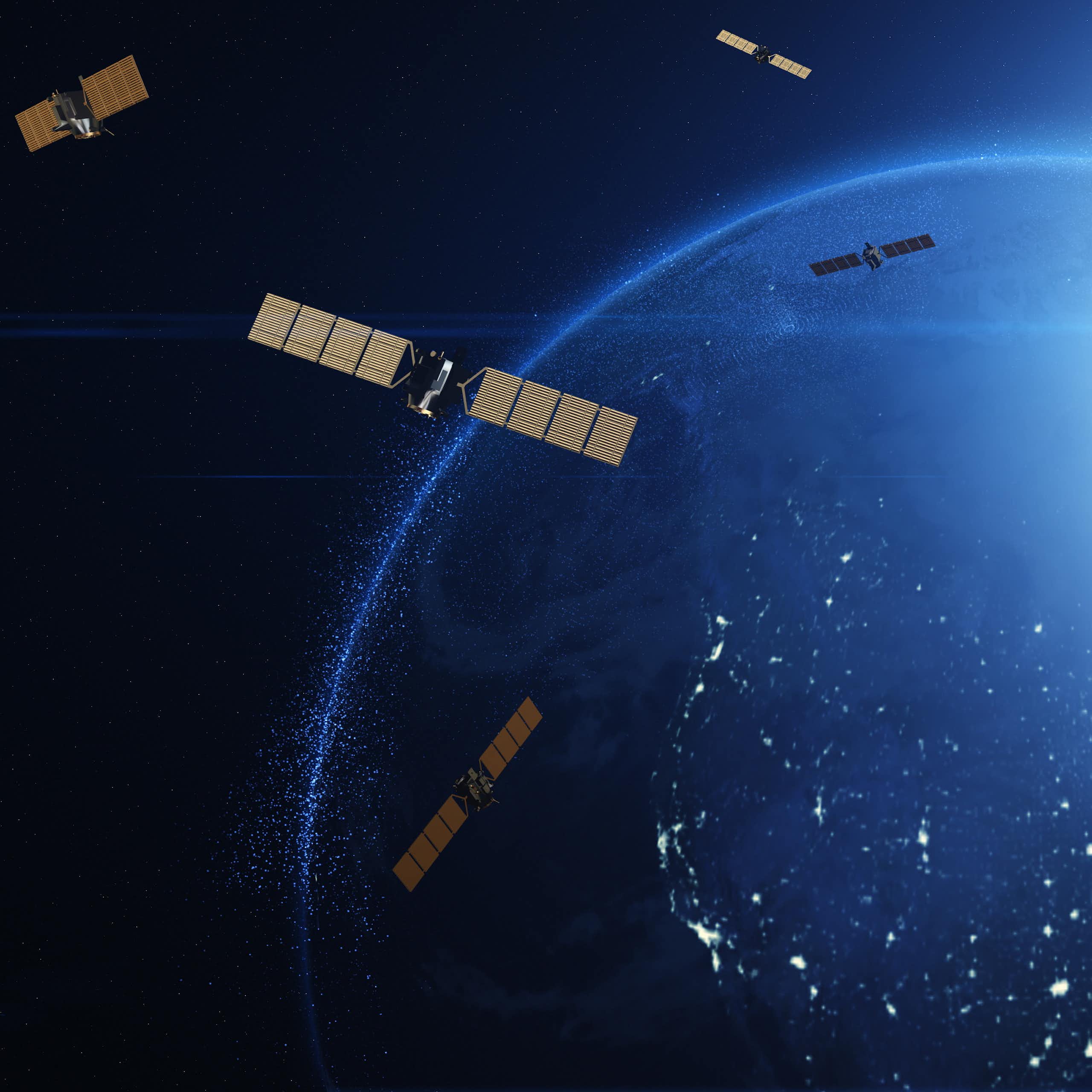 An illustration of satellites scattered throughout orbit, with Earth visible in the background.