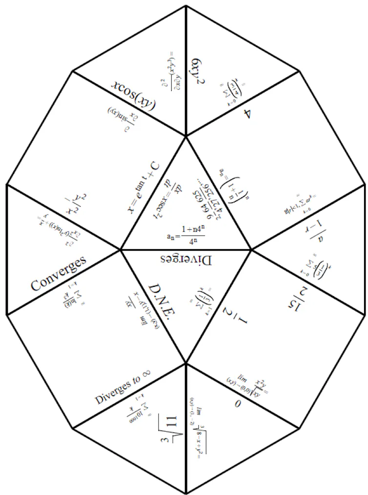 A puzzle composed of squares and rectangles that feature complex concepts such as converges/diverges and algebraic equations such as xcos (xy) or other number figures.