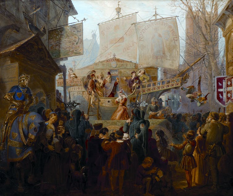 Old painting of Hull's medieval flood play being performed outside Holy Trinity Church (now Hull Minster).