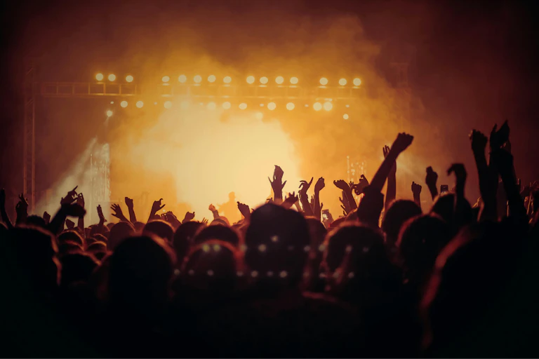 A view of concert stage, audience members silhouetted against lights