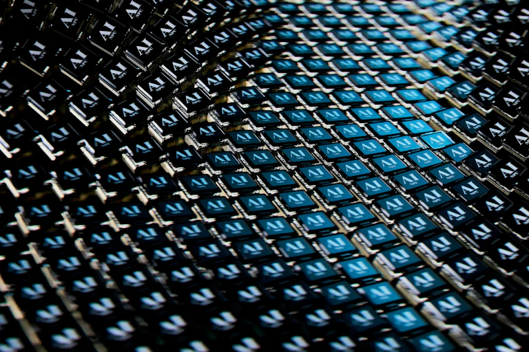 A mesh of chips labelled AI in an abstract pattern.