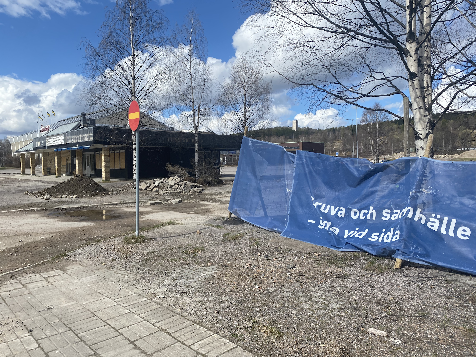 A large poster carrying the words 