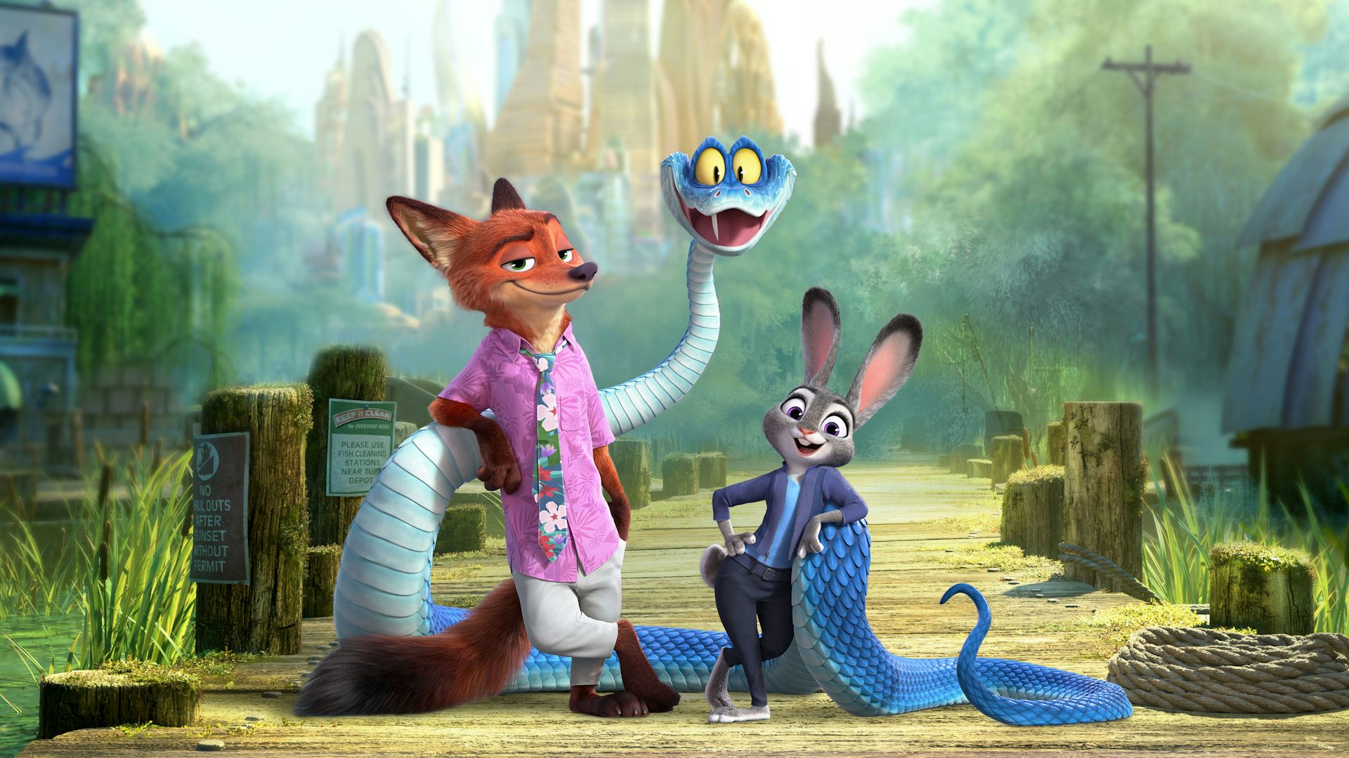 An image from a Disney animation showing a fox, a snake and a rabbit against a city background in the distance.
