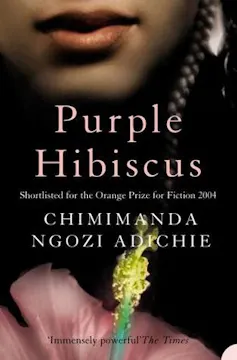 Book cover with an image of a flower in the foreground and the lower half of a young African woman's face behind it.