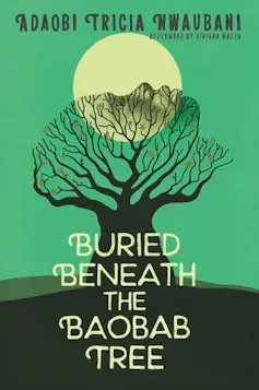 A book cover with a green background and an illustration of a tree with the moon behind it.