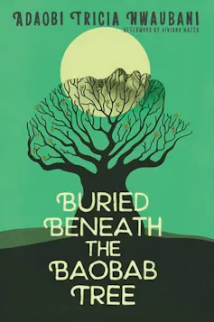 A book cover with a green background and an illustration of a tree with the moon behind it.
