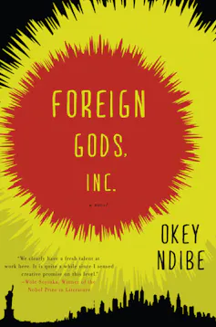 A book cover with an illustration of a city skyline, a burst of yellow sky and a burst of red sun.