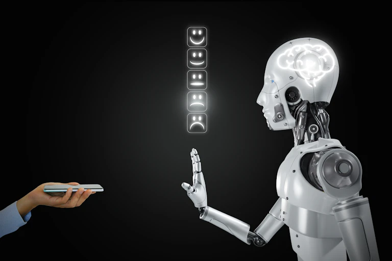 Una fila de emoticonos luminosos emerge de los dedos de un robot