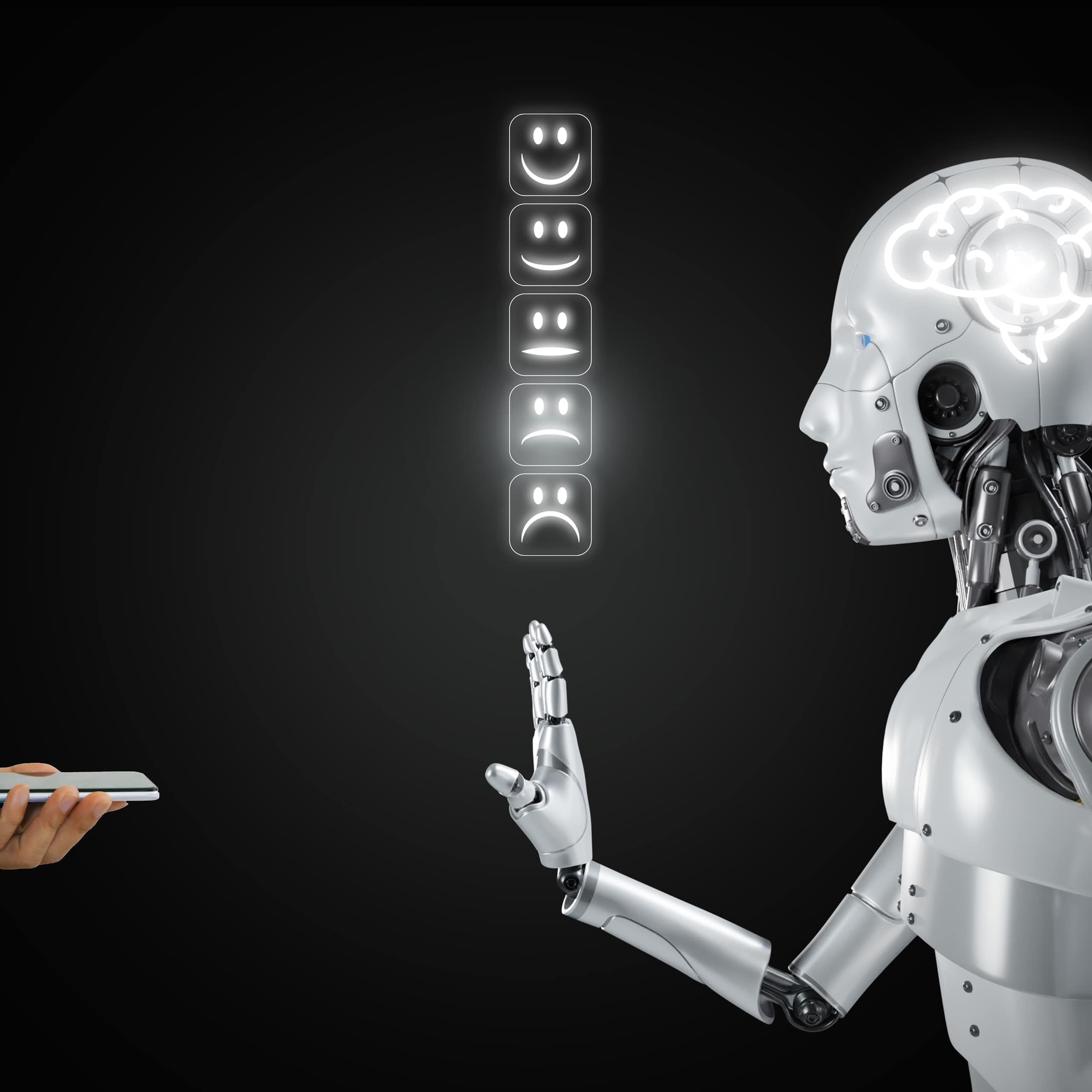 Una fila de emoticonos luminosos emerge de los dedos de un robot