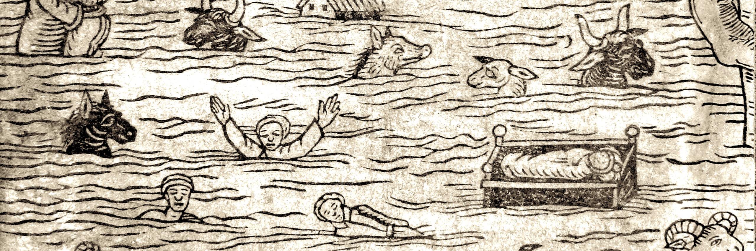 Illustration of people, animals and houses in the middle of a flood.