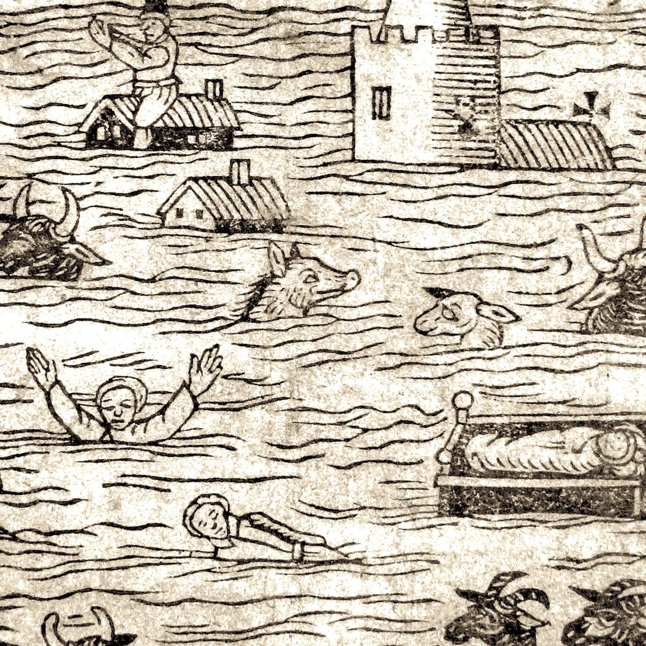Illustration of people, animals and houses in the middle of a flood.