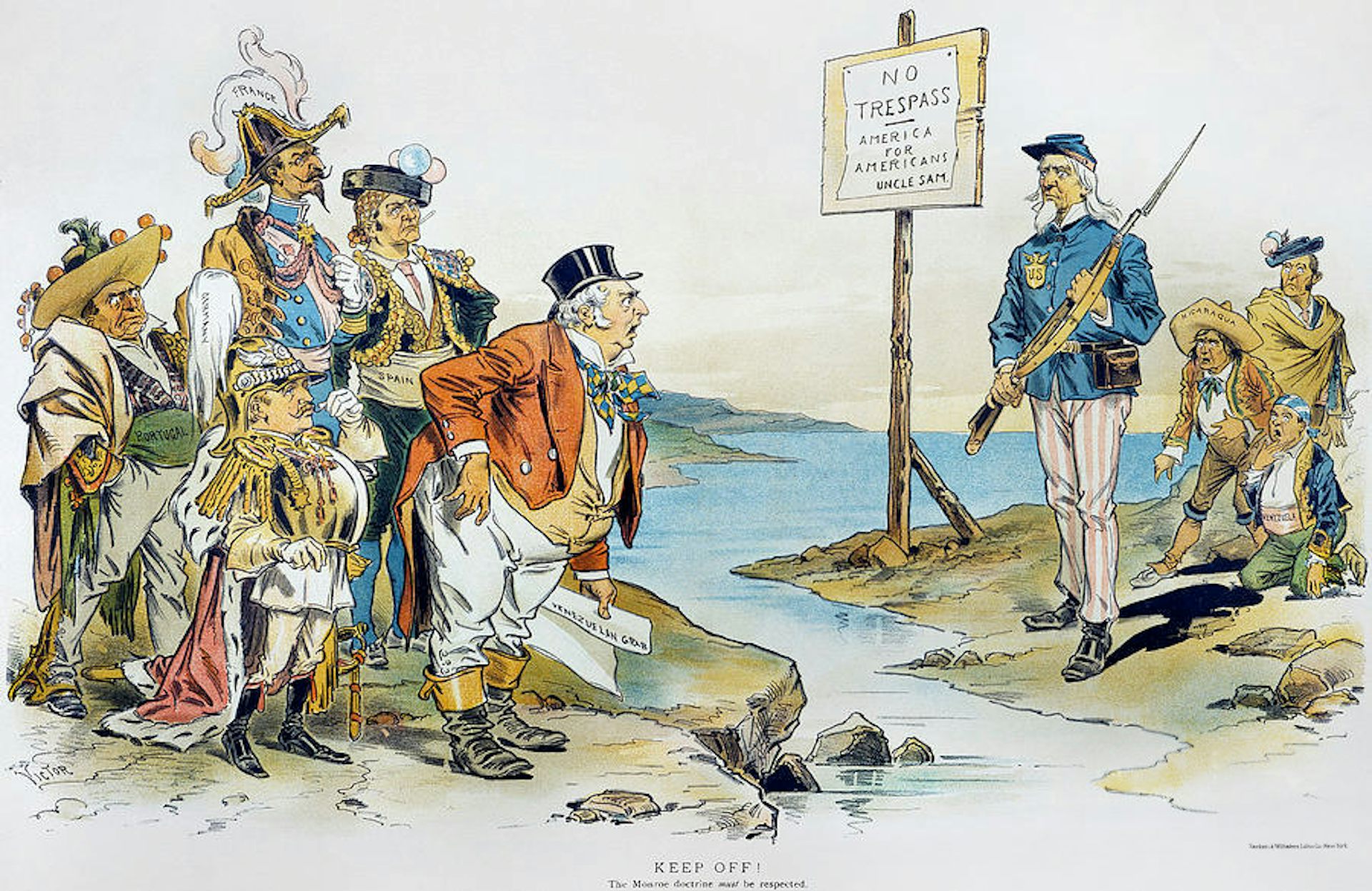 Ilustración satírica de 1896 donde se ve al Tío Sam interponiéndose entre las potencias europeas y unos personajes que representan a Nicaragua y Venezuela.