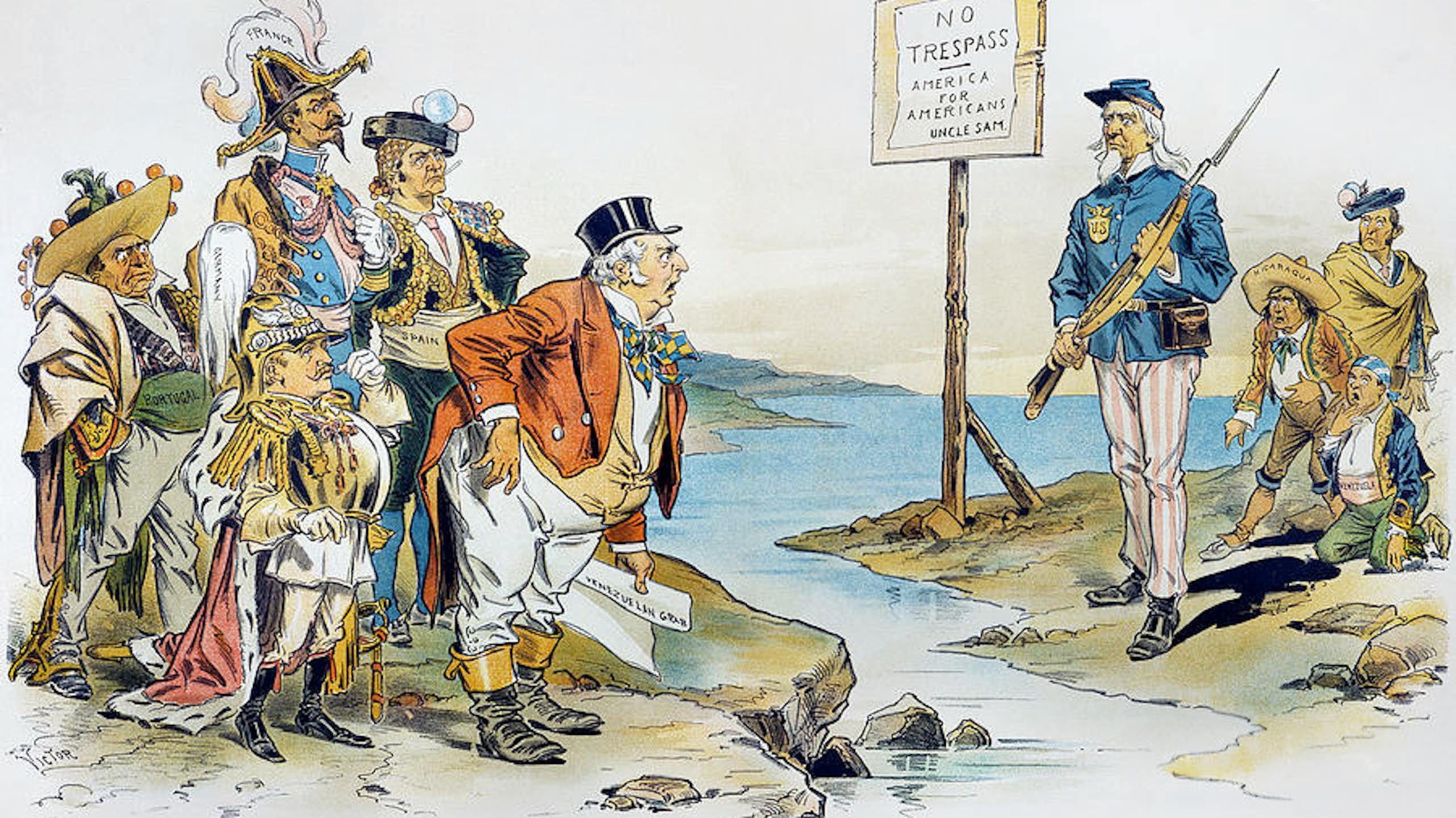 Ilustración satírica de 1896 donde se ve al Tío Sam interponiéndose entre las potencias europeas y unos personajes que representan a Nicaragua y Venezuela.
