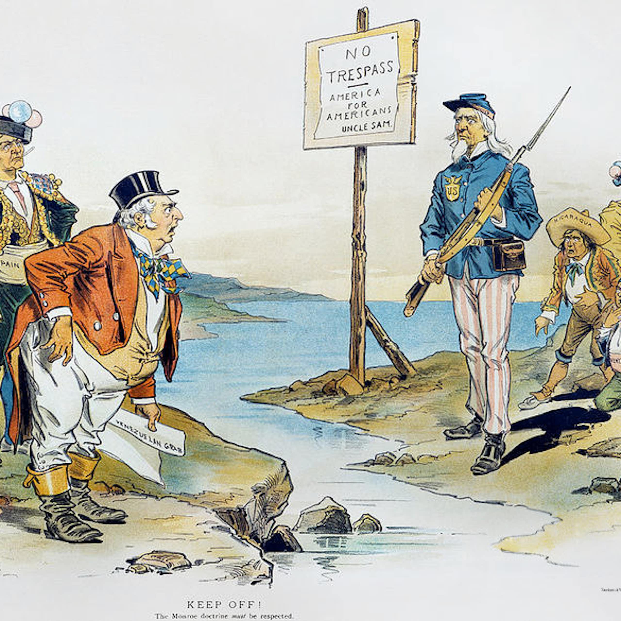Ilustración satírica de 1896 donde se ve al Tío Sam interponiéndose entre las potencias europeas y unos personajes que representan a Nicaragua y Venezuela.