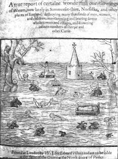 Depiction of the Bristol Channel flood of 1607 in a disaster pamphlet.