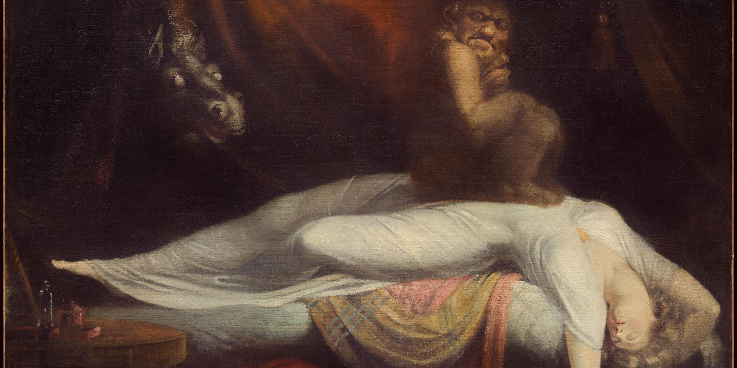 a woman deep in sleep drapes off a bed with a creepy figure on her chest and a weird horse watching