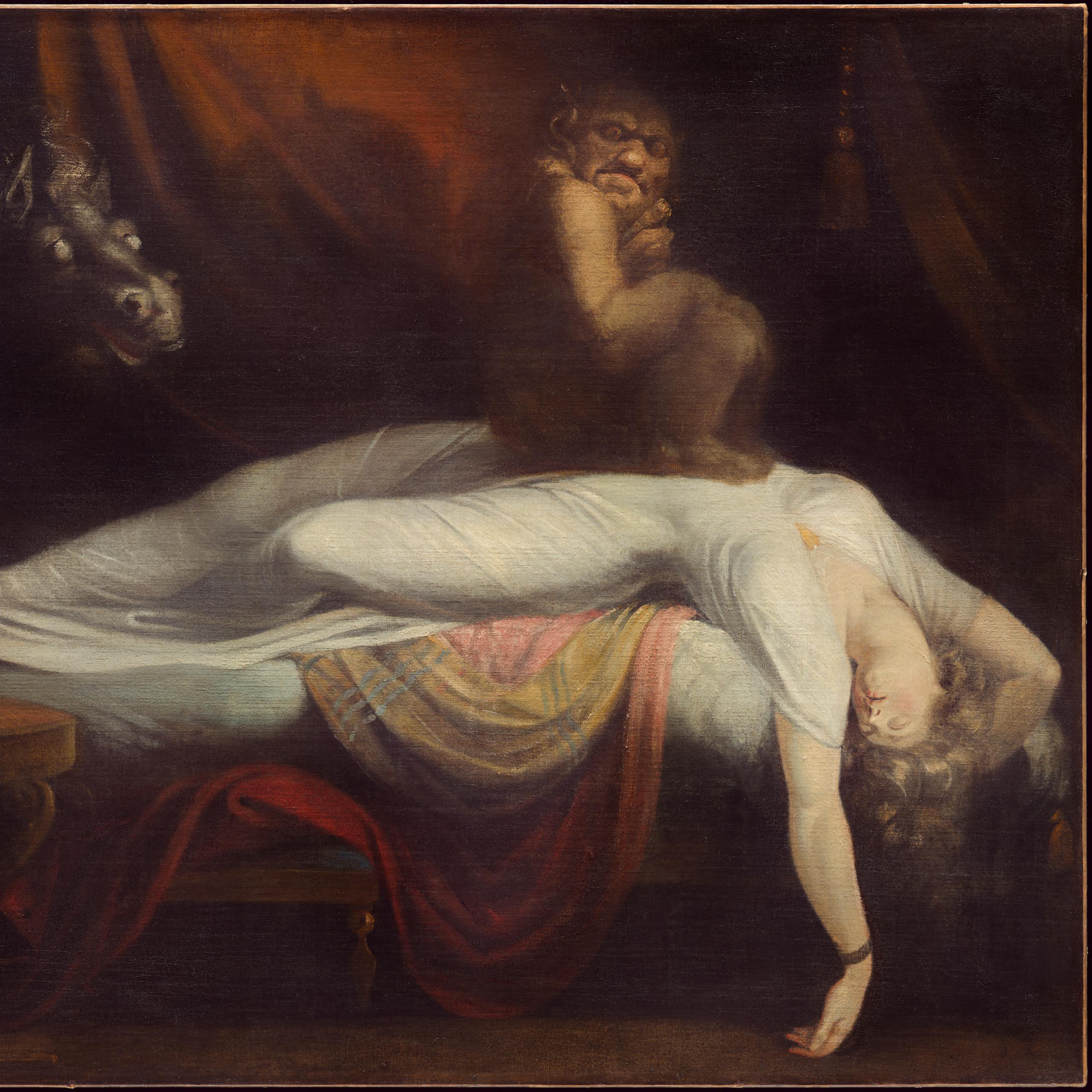 a woman deep in sleep drapes off a bed with a creepy figure on her chest and a weird horse watching