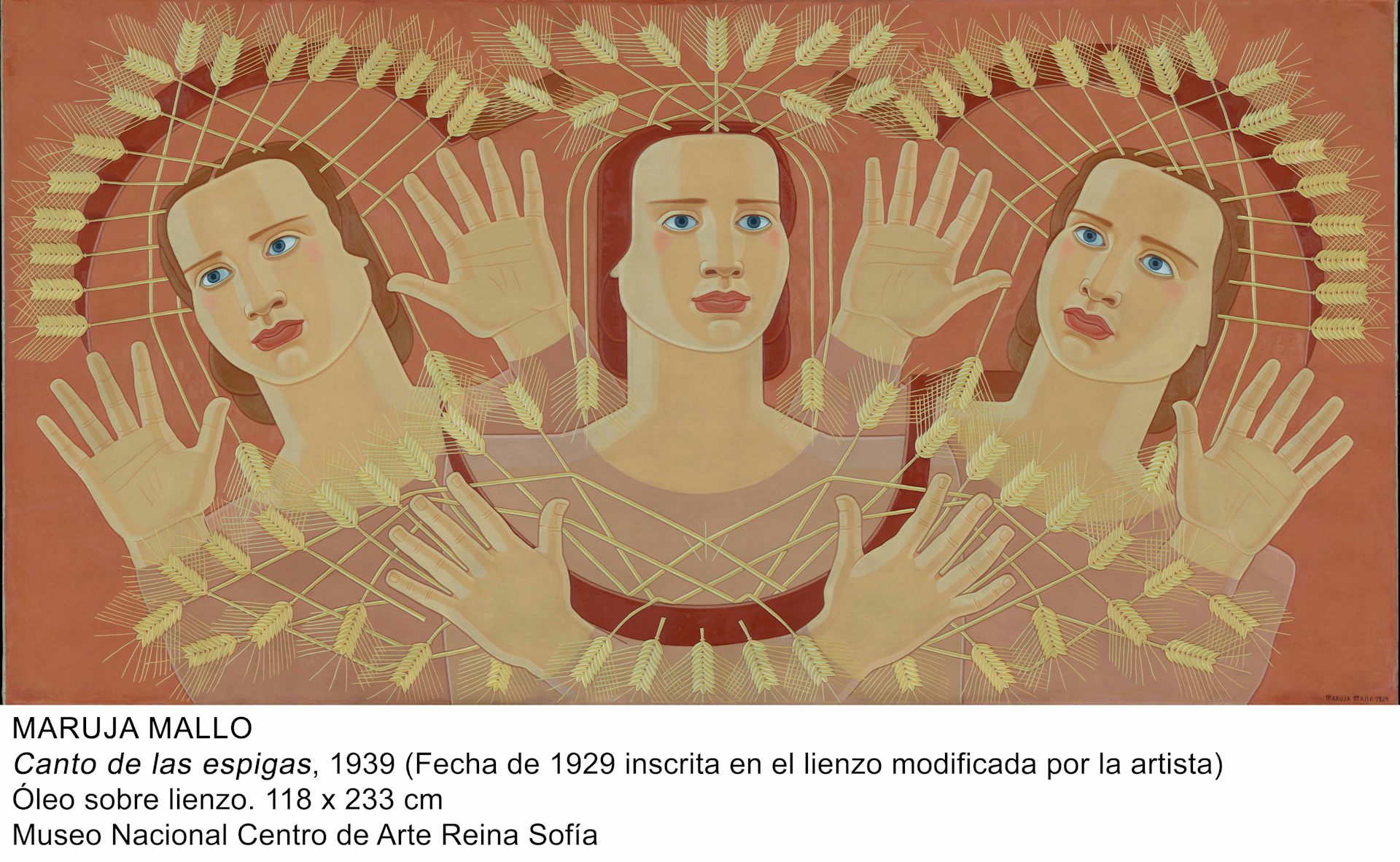 Pintura de tres mujeres rodeadas de espigas de trigo.