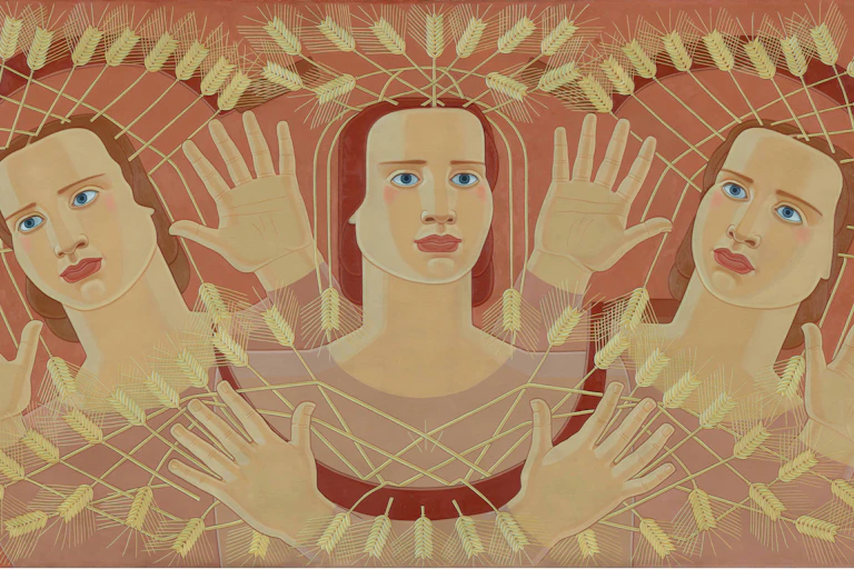 Pintura de tres mujeres rodeadas de espigas de trigo.