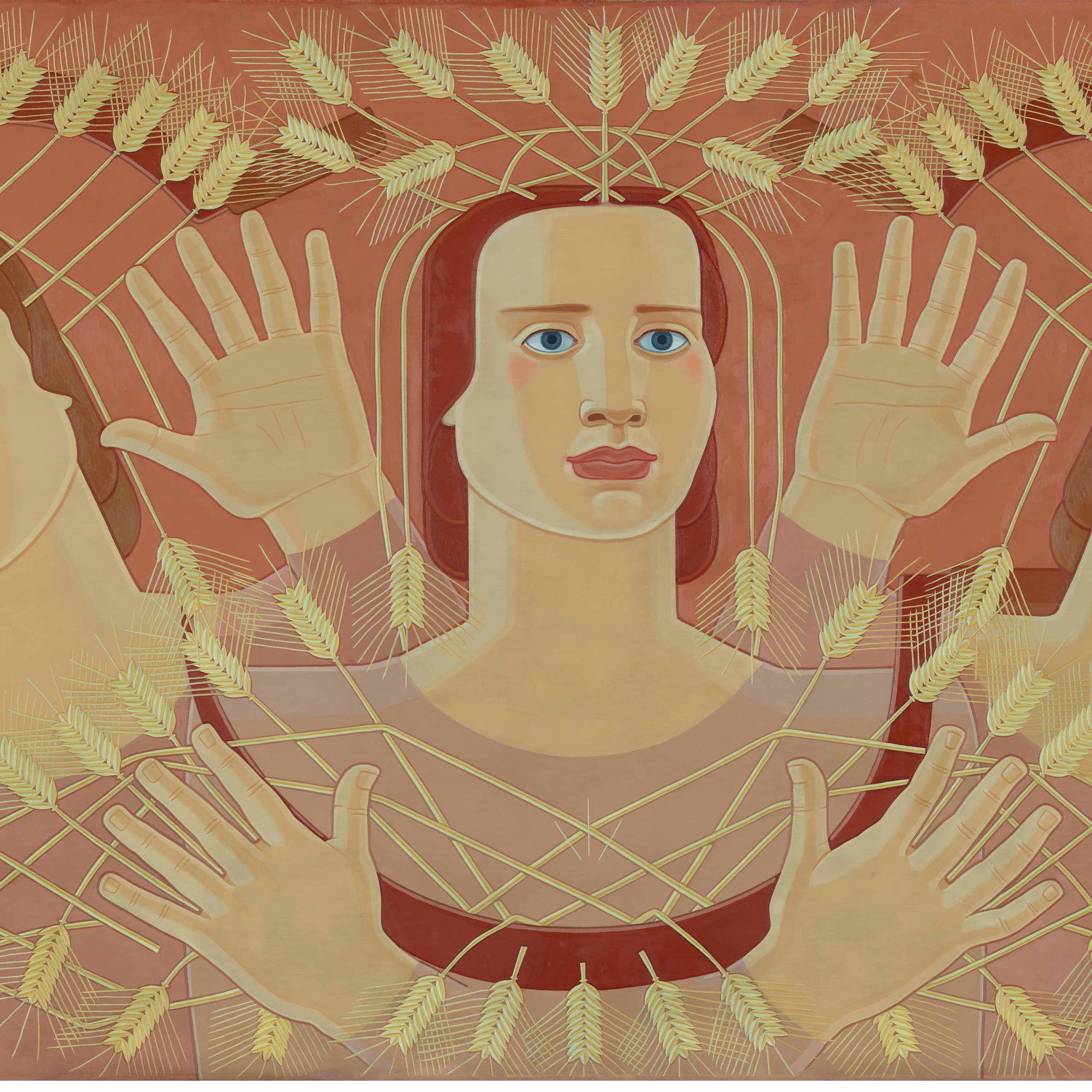 Pintura de tres mujeres rodeadas de espigas de trigo.