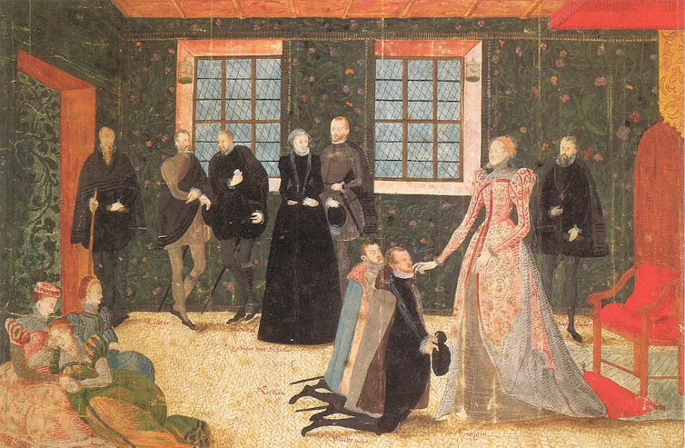 Painting of Elizabeth I with two men kneeling in front of her, six other figures standing