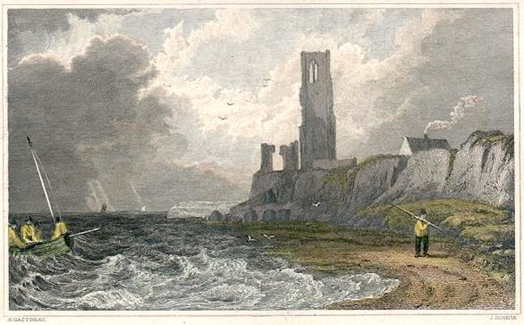 Illustration of ruined church by the coast.