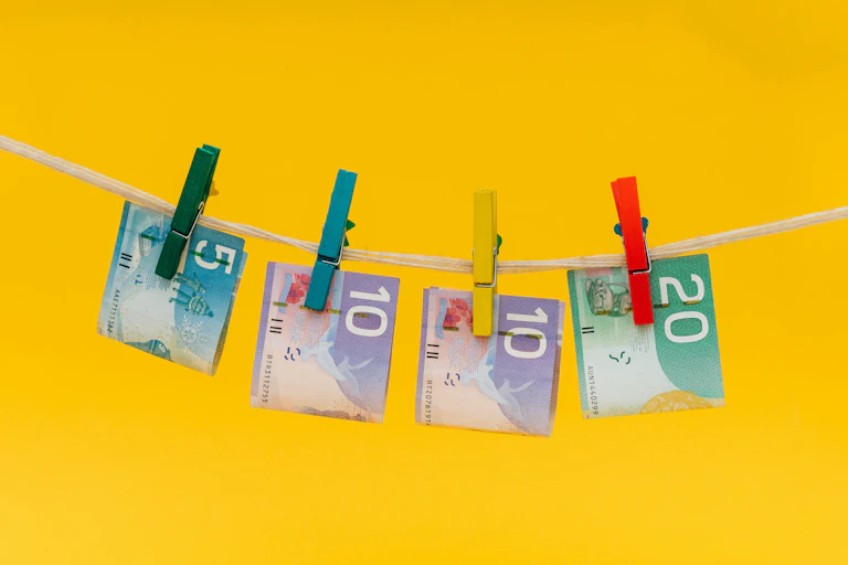 Des billets de dollars canadiens sont suspendus à une corde