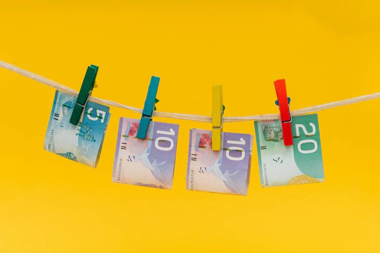 Des billets de dollars canadiens sont suspendus à une corde