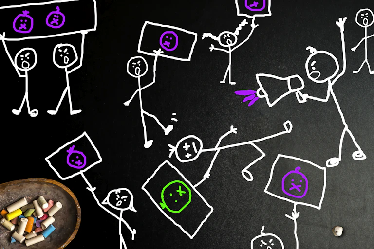 white stick-figure characters on a black background