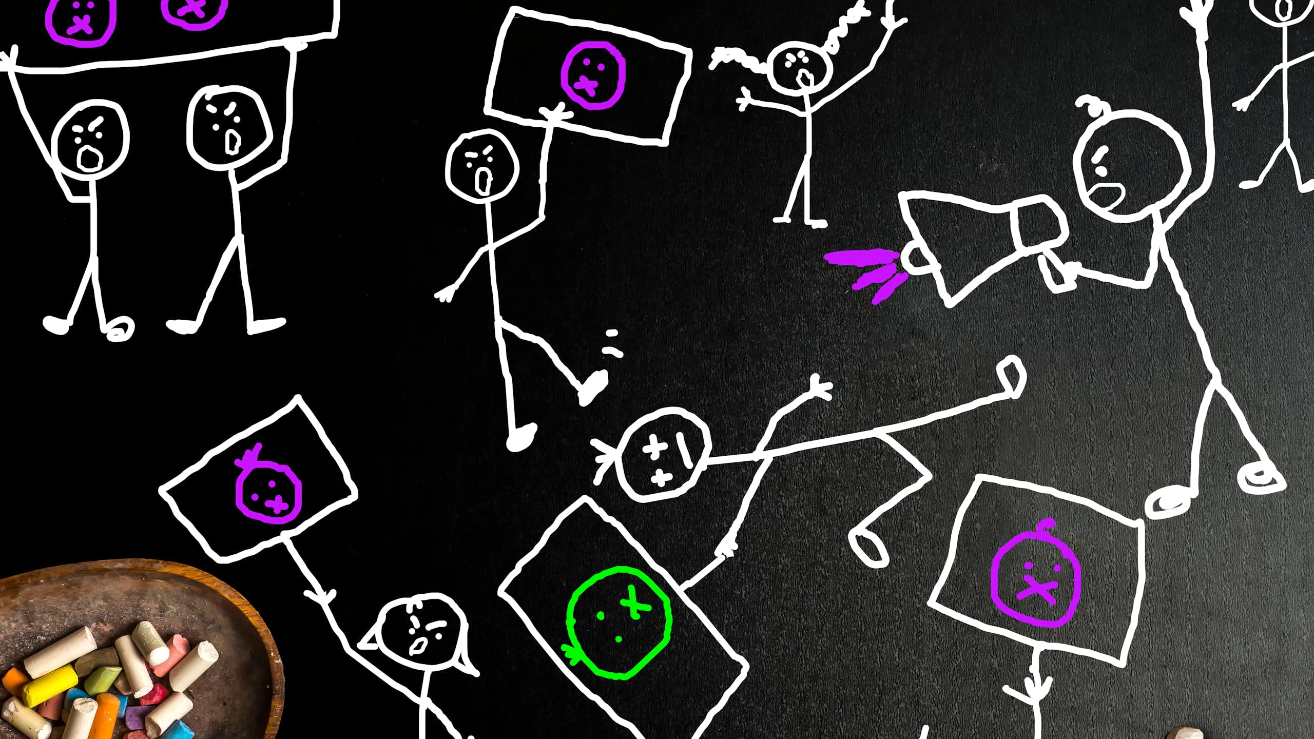 white stick-figure characters on a black background