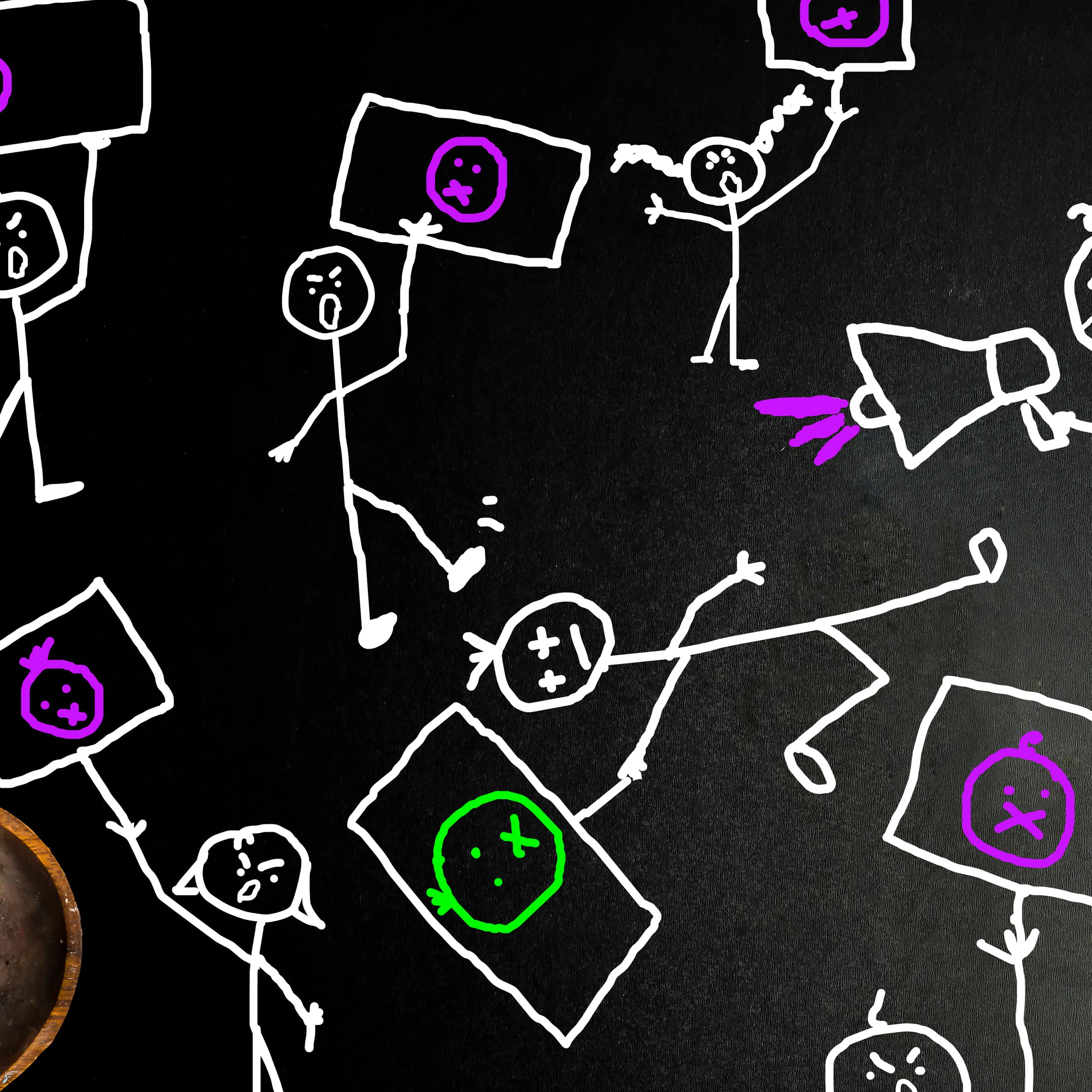 white stick-figure characters on a black background