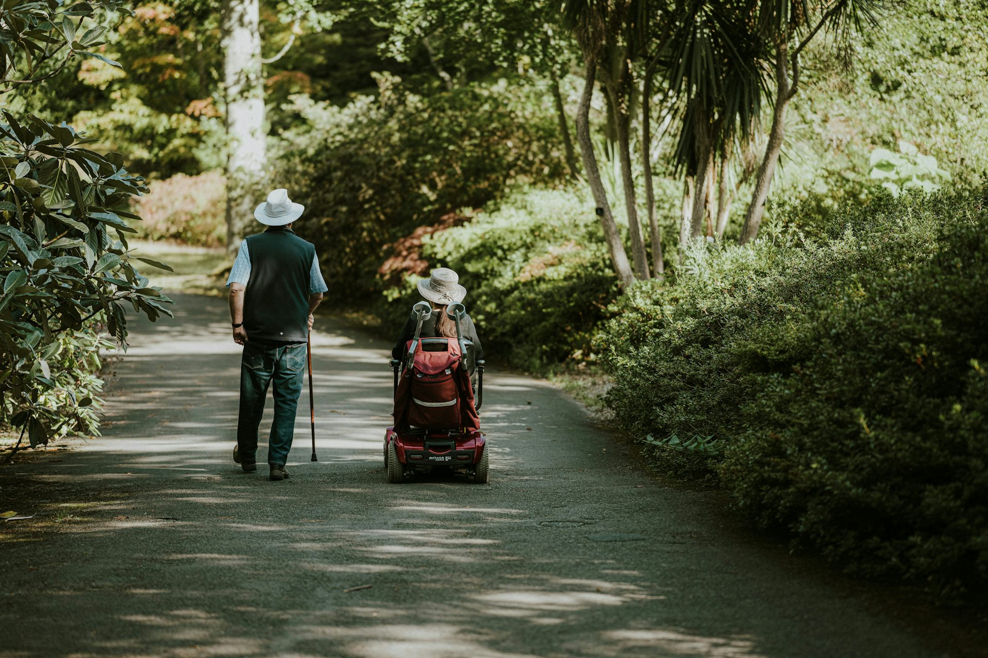 Two people on a path bordered by greenery; one using a cane and the other using a wheelchair