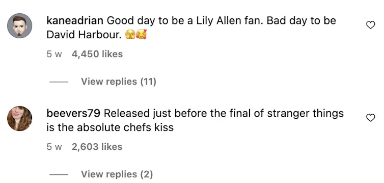 A screenshot of two comments made under an Instagram post promoting Lilly Allen's new album.