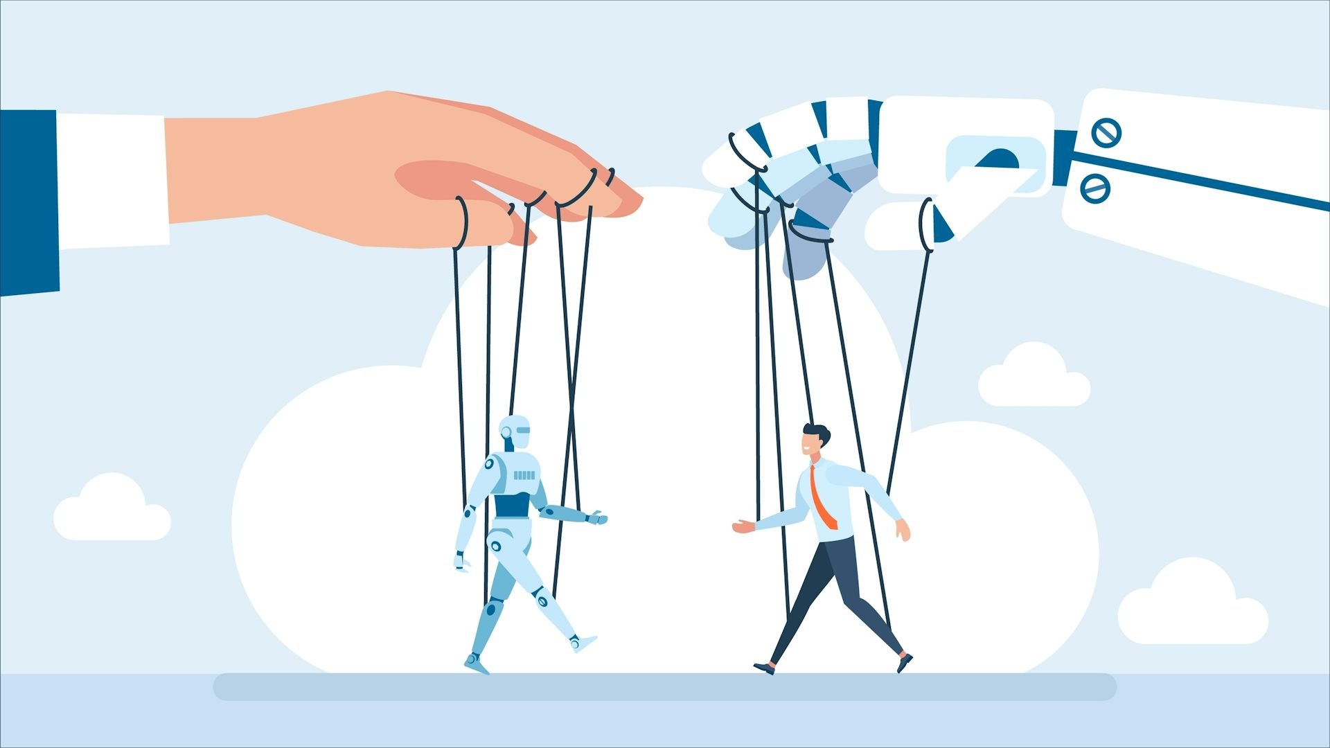 Une personne manipule un robot. L'intelligence artificielle contrôle l'homme.