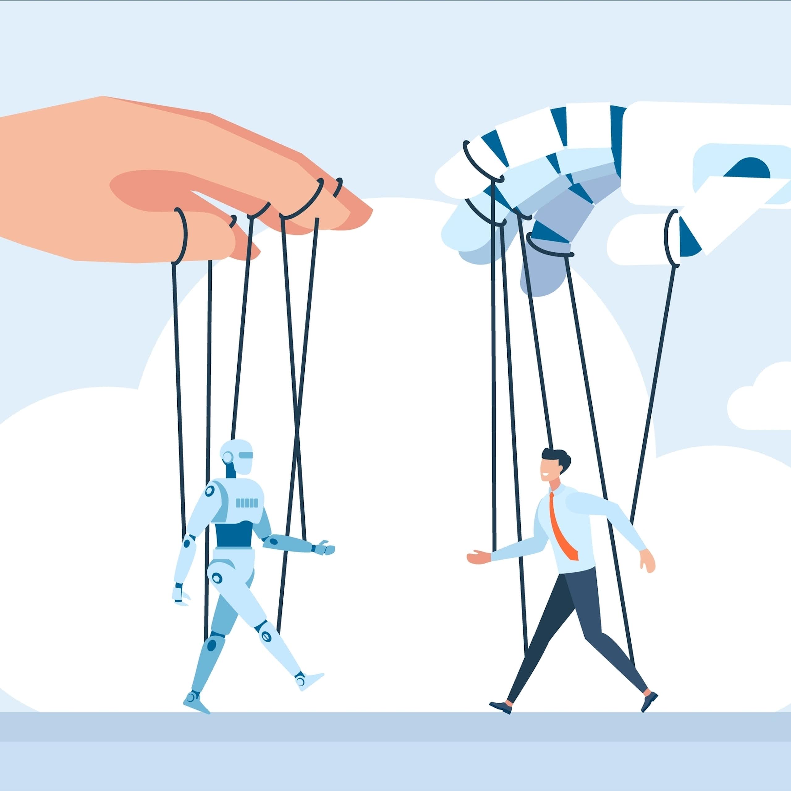 Une personne manipule un robot. L'intelligence artificielle contrôle l'homme.