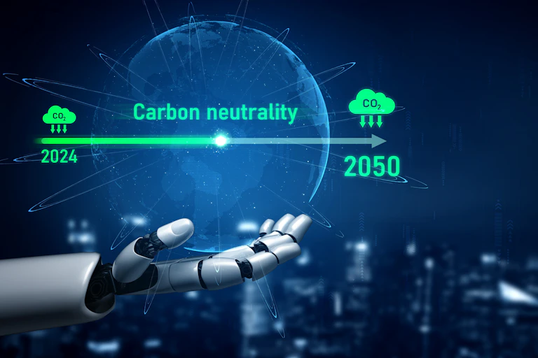 Main de robot montrant un logo CO2 et le chiffre de 2050.